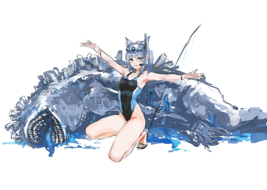 1girl animal_ear_fluff animal_ears arm_up blood bloodborne blue_archive blue_blood blue_eyes bracelet breasts collarbone commentary_request competition_swimsuit corpse cross_hair_ornament diving_mask diving_mask_on_head fishing_rod goggles goggles_on_head grey_hair hair_ornament highleg highleg_swimsuit highres jewelry long_hair medium_breasts monster multicolored_clothes multicolored_swimsuit official_alternate_costume on_one_knee one-piece_swimsuit open_mouth osakana_(denpa_yun'yun) outstretched_arms ponytail sandals shiroko_(blue_archive) shiroko_(swimsuit)_(blue_archive) smile snorkel solo spread_arms swimsuit white_background wolf_ears