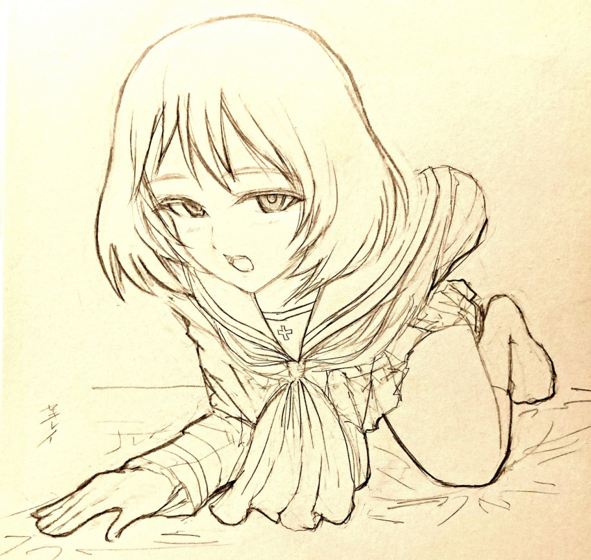 1girl arms_behind_back artist_name bed_sheet blush bob_cut commentary crawling full_body girls_und_panzer graphite_(medium) hand_on_ground highres kneeling leaning_forward light_blush long_sleeves looking_at_viewer monochrome narrowed_eyes neckerchief on_bed one-hour_drawing_challenge ooarai_school_uniform open_mouth paper_texture pleated_skirt sailor_collar school_uniform sekirei_tessar sepia serafuku short_hair signature sketch skirt socks solo traditional_media translated utsugi_yuuki