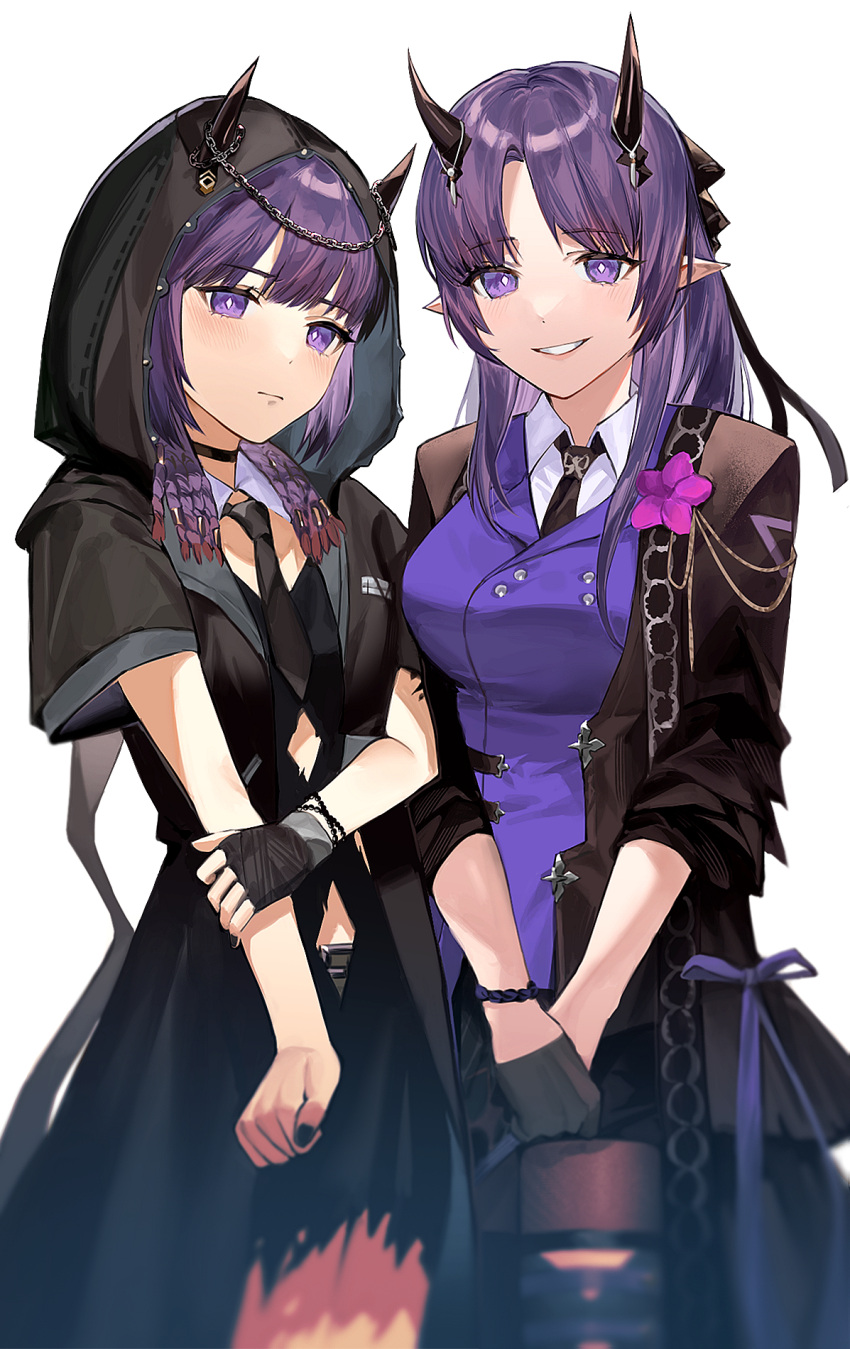 2girls arknights black_gloves black_jacket black_nails black_necktie black_shorts breasts brown_pantyhose closed_mouth collared_shirt gloves grin half_gloves hibiscus_(arknights) hibiscus_the_purifier_(arknights) highres hood hood_up hooded_jacket horns horns_through_headwear jacket lava_(arknights) lava_the_purgatory_(arknights) looking_at_viewer medium_breasts multiple_girls nail_polish necktie open_clothes open_jacket oxy_(ho2) pantyhose pantyhose_under_shorts parted_bangs pointy_ears purple_eyes purple_hair purple_vest shirt short_shorts shorts simple_background single_glove smile vest white_background white_shirt