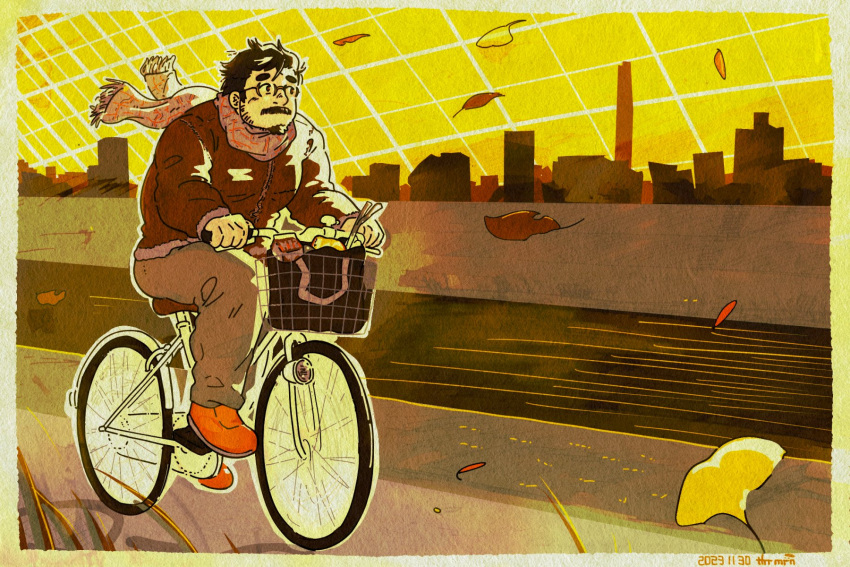 1boy autumn_leaves bara bicycle bicycle_basket black_hair cityscape facial_hair falling_leaves full_body glasses goatee highres kora_mirin_(tkrmrn) leaf looking_to_the_side male_focus mature_male original pectorals riding riding_bicycle road_bicycle round_eyewear scarf short_hair sideburns solo thick_eyebrows thick_mustache winter_clothes yellow_theme