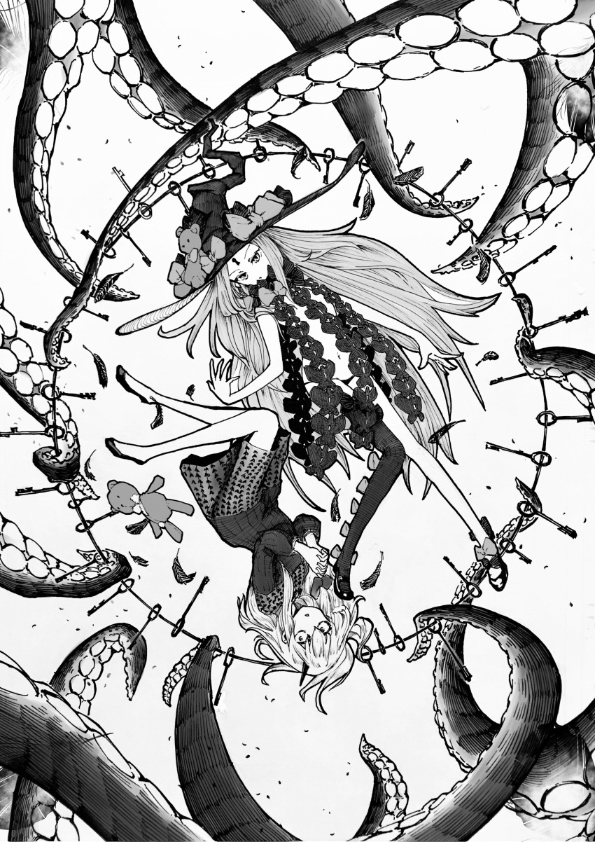 2girls abigail_williams_(fate) abigail_williams_(third_ascension)_(fate) absurdres constricted_pupils dress expressionless fate/grand_order fate_(series) full_body greyscale hat highres kanbara_erika key keyhole keyring lavinia_whateley_(fate) long_hair looking_at_another monochrome multiple_girls navel own_hands_clasped own_hands_together panties revealing_clothes rotational_symmetry single_thighhigh stuffed_animal stuffed_toy teddy_bear tentacles thighhighs underwear very_long_hair witch_hat