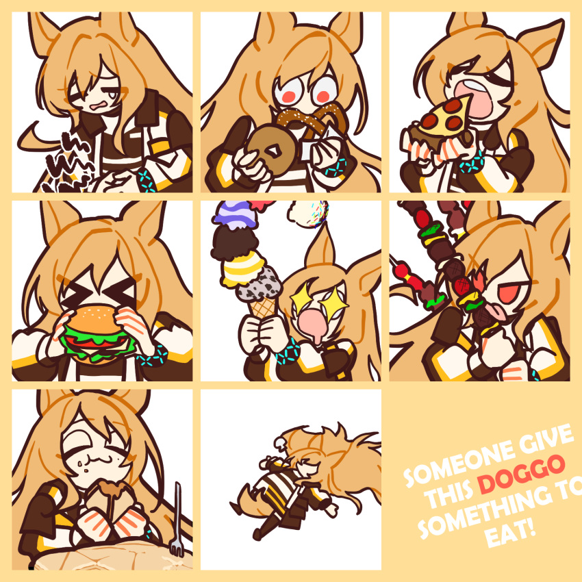 &gt;_&lt; 1girl animal_ears arknights bracelet burger ceobe_(arknights) commission cookie dog_ears doughnut eating emoji expression_chart expressions food highres honey hungry ice_cream infection_monitor_(arknights) jewelry long_hair long_sleeves multiple_views open_mouth orange_hair pizza pretzel puffy_long_sleeves puffy_sleeves red_eyes saliva skewer sparkling_eyes very_long_hair xity