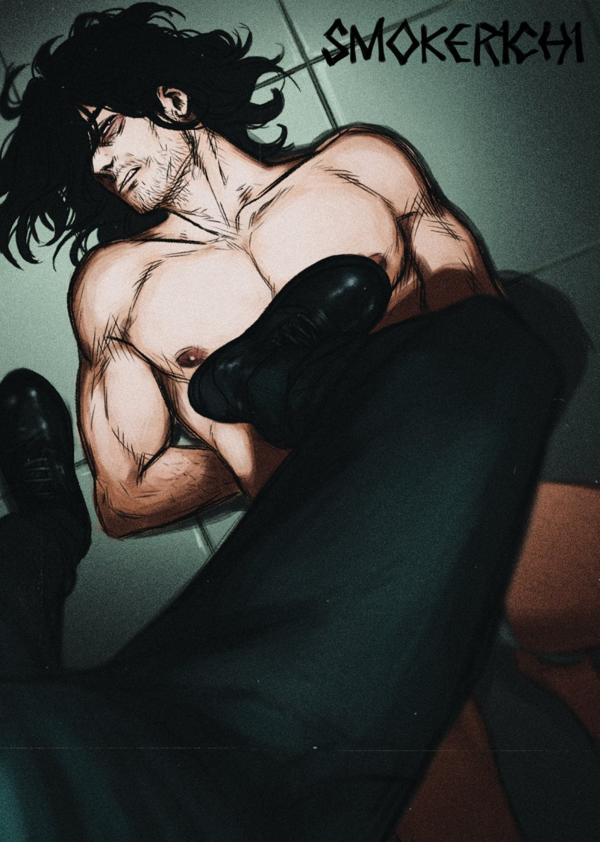 2boys abs arms_behind_back bara black_hair boku_no_hero_academia convenient_leg eraser_head_(boku_no_hero_academia) facial_hair feet_out_of_frame foreshortening from_above frown glaring highres long_hair looking_at_viewer lying male_focus mature_male multiple_boys nipples on_back on_floor pectorals pov_legs shoes sideburns smokerichi solo_focus stepped_on stomach stubble toned toned_male yaoi