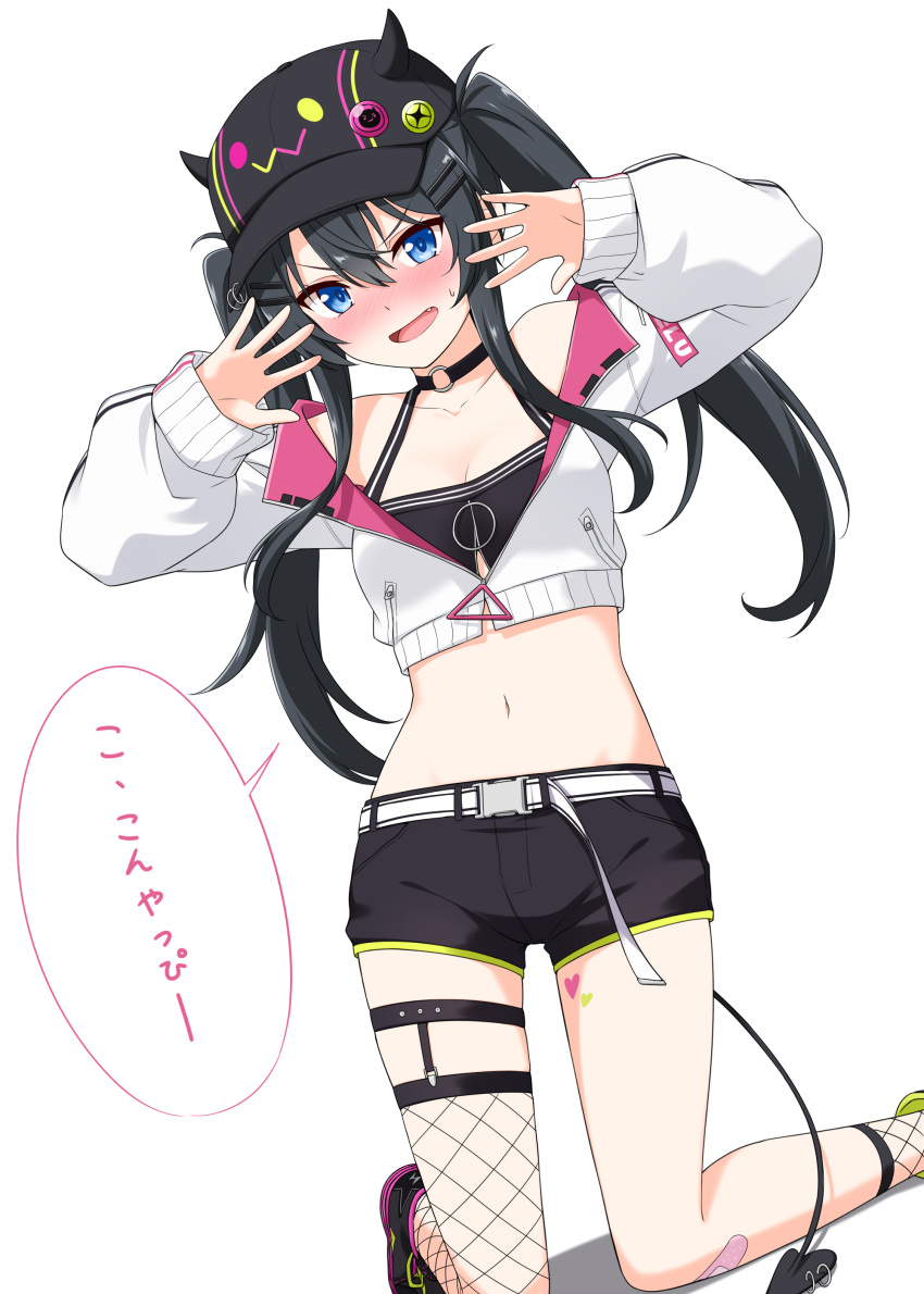 1girl absurdres asymmetrical_legwear bandaid bandaid_on_knee bandaid_on_leg bare_shoulders baseball_cap belt bibi_(tokoyami_towa) black_footwear black_hair black_shorts blue_eyes blush breasts buckle cleavage collarbone cosplay crop_top cropped_jacket demon_horns demon_tail dot_nose dutch_angle fang felutiahime fishnet_socks fishnet_thighhighs fishnets foot_out_of_frame hair_between_eyes hair_ornament hairclip hat heart heart_tattoo highres hololive horns horns_through_headwear jacket kneeling long_sleeves looking_at_viewer medium_breasts navel off_shoulder open_hands original rectangular_mouth shoes shorts sidelocks simple_background sleeve_cuffs socks solo stomach sweatdrop tail tattoo thigh_strap thighhighs tokoyami_towa tokoyami_towa_(cosplay) twintails v-shaped_eyebrows virtual_youtuber white_background white_jacket