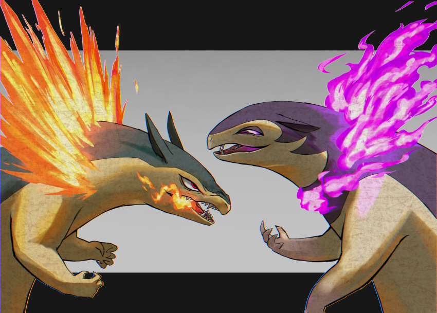 breathing_fire commentary_request eye_contact fire from_side goze_(ginnaaaaaaan) grey_background highres hisuian_typhlosion letterboxed looking_at_another no_humans open_mouth pink_fire pokemon pokemon_(creature) sharp_teeth teeth tongue typhlosion