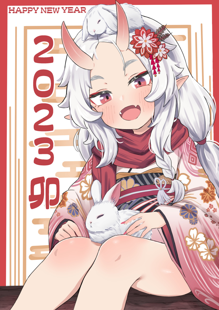 1girl 2023 :d absurdres animal_on_head animal_on_lap bare_legs blush border braid chinese_zodiac commentary_request demon_girl egasumi eyeliner fang fangs floral_print flower forehead grey_hair hair_flower hair_ornament happy_new_year head_tilt highres horns japanese_clothes kanzashi kimono knees long_hair looking_at_viewer low_twintails makeup nail_polish new_year on_head on_lap oni oni_horns open_mouth original outside_border pointy_ears rabbit rabbit_on_head red_border red_eyes red_nails red_scarf rokita scarf short_kimono side_braid sidelocks single_braid sitting skin_fang smile solo swept_bangs tsumami_kanzashi twintails white_hair wide_sleeves year_of_the_rabbit