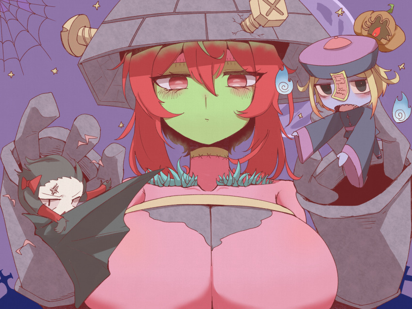 24-year-old_student 3girls alternate_costume anger_vein black_cape black_coat black_eyes black_hair black_pants blonde_hair bow breasts cape closed_mouth coat commentary_request cookie_(touhou) cross expressionless giant giantess gogogo_(cookie) grass hair_bow hair_slicked_back hakurei_reimu halloween highres hitodama jack-o'-lantern jiangshi kirisame_marisa large_breasts long_sleeves looking_at_viewer multiple_girls object_through_head open_mouth outstretched_arms pants pumpkin purple_background red_bow red_hair screw_in_head sharp_teeth short_hair sidelocks silk spider_web star_(symbol) stitched_neck stitches teeth the_giant_behind_fight togashi_(cookie) tombstone touhou upper_body vampire wide_sleeves zombie_pose