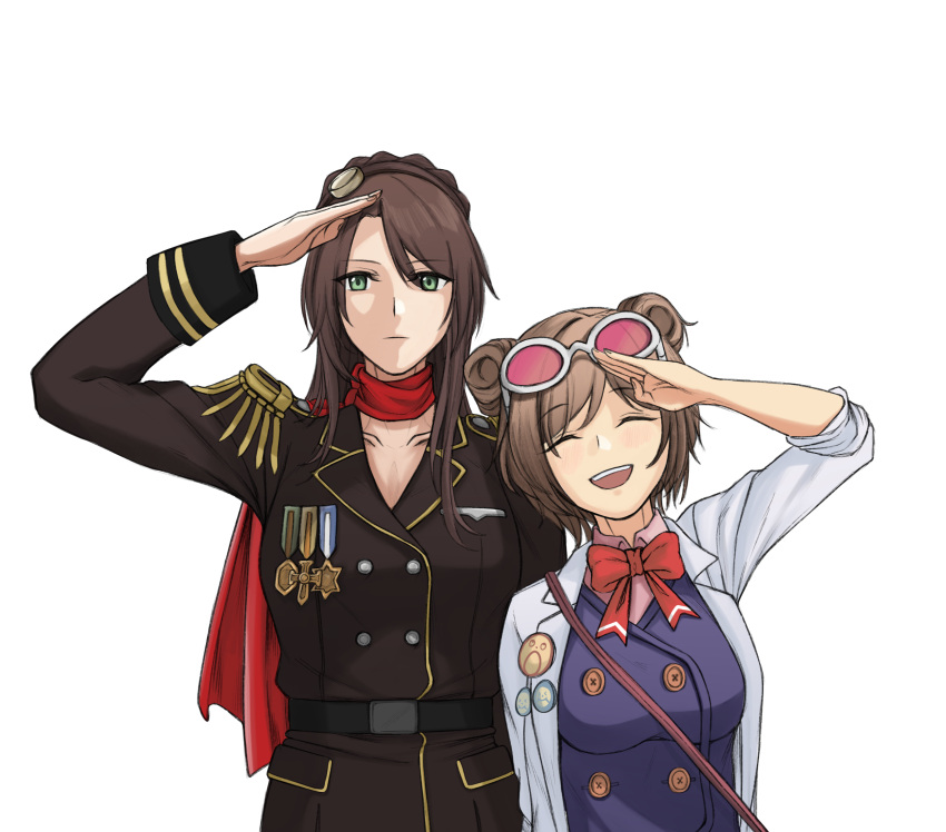 2girls ace_attorney alternate_costume belt black_belt bow bowtie breasts brown_hair brown_jacket cardigan closed_eyes closed_mouth collarbone crossover double_bun ema_skye eyewear_on_head girls'_frontline green_eyes hair_bun highres jacket lana_skye lee-enfield_(girls'_frontline) light_brown_hair long_sleeves looking_at_viewer matsu_arts medal medium_breasts military military_uniform multiple_girls open_mouth p90_(girls'_frontline) phoenix_wright:_ace_attorney red_bow red_bowtie red_scarf salute scarf sleeves_rolled_up smile uniform upper_body white_background white_cardigan