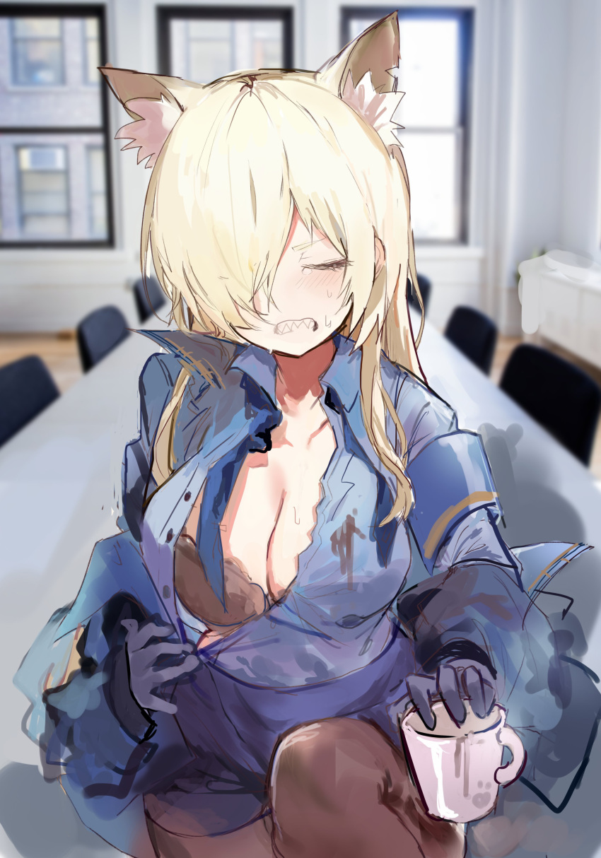 1girl absurdres animal_ear_fluff animal_ears armband blonde_hair blue_archive blue_jacket blue_shirt blue_skirt bra breasts cleavage clenched_teeth closed_eyes cup facing_viewer gloves hair_over_one_eye highres indoors jacket kanna_(blue_archive) large_breasts long_hair long_sleeves mug open_clothes pantyhose pencil_skirt qqkkay sharp_teeth shirt sketch skirt solo spill sweat table teeth underwear window