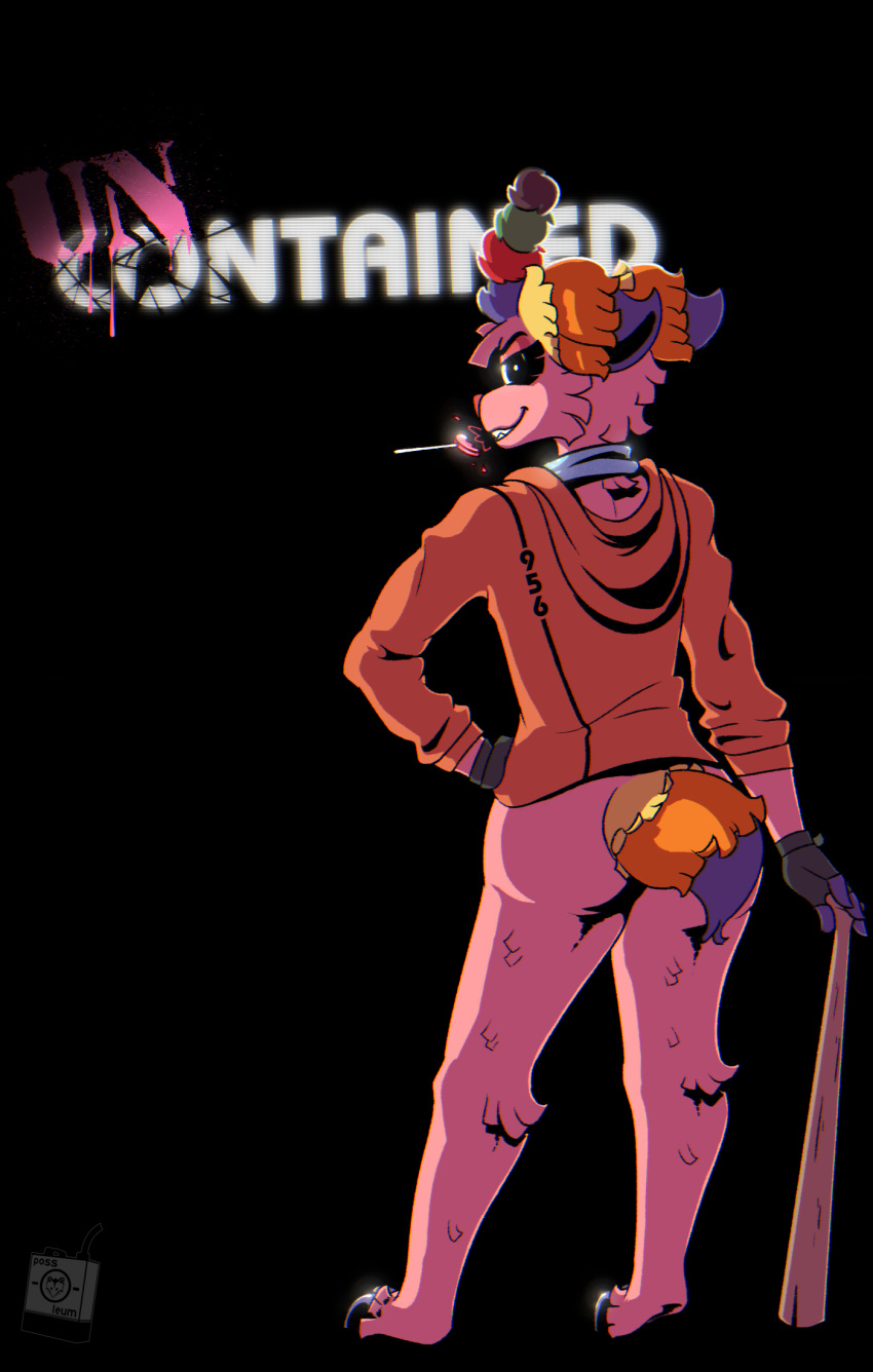2023 2_toes animate_inanimate anthro artist_logo black_background blue_collar bottomless butt candy claws clothed clothing collar dessert english_text equid equine eyelashes feet female food fur hi_res hoodie horn jacket leg_tuft living_pinata logo lollipop looking_back mammal neck_tuft orange_body orange_clothing orange_fur orange_jacket orange_topwear pinata pink_body pink_fur possoleum purple_body purple_fur rear_view scp-956 scp_foundation simple_background solo standing text text_on_clothing toe_claws toes topwear tuft weapon yellow_body yellow_fur