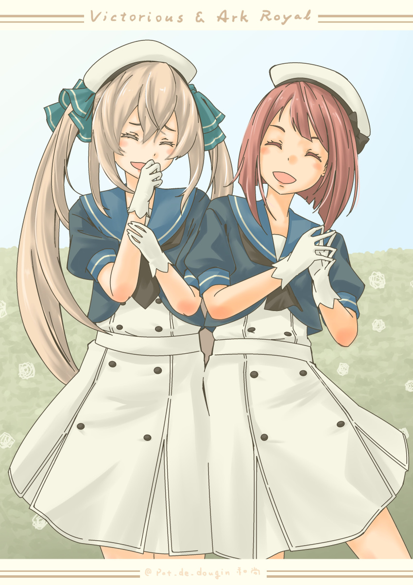 2girls absurdres aged_down alternate_hairstyle ark_royal_(kancolle) black_neckerchief blonde_hair blue_sailor_collar bob_cut character_name cosplay dress feet_out_of_frame gloves hat highres inverted_bob jervis_(kancolle) jervis_(kancolle)_(cosplay) kantai_collection long_hair multiple_girls neckerchief pot-de red_hair sailor_collar sailor_dress sailor_hat short_hair twintails victorious_(kancolle) white_dress white_gloves white_headwear