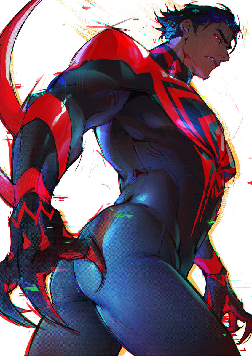 1boy animal_print arm_blade ass bara blue_bodysuit bodysuit broad_shoulders claws dark-skinned_male dark_skin fangs hair_slicked_back highres large_pectorals luckytea_777 male_focus marvel mature_male miguel_o'hara muscular muscular_male pectorals print_bodysuit red_eyes short_hair skin_tight spider-man:_across_the_spider-verse spider-man_(series) spider_print thick_eyebrows thick_thighs thighs two-tone_bodysuit weapon