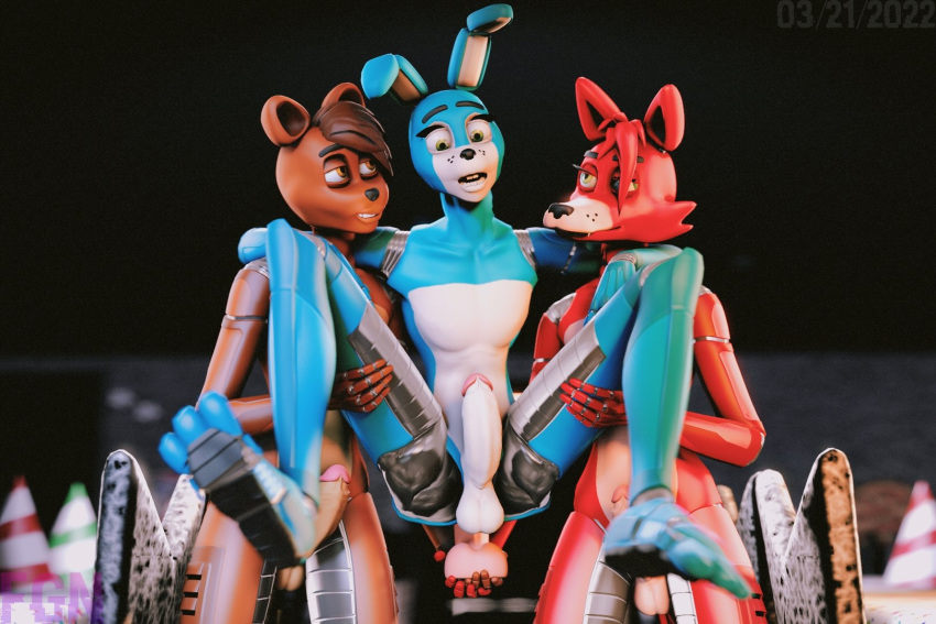 3d_(artwork) anal anal_penetration animatronic balls bear bonnie_(fnaf) butt canid canine digital_media_(artwork) erection five_nights_at_freddy's fnafgamern fox foxy_(fnaf) freddy_(fnaf) fur genitals group group_sex hair hi_res lagomorph leporid machine male male/male mammal nude open_mouth penetration penis rabbit robot scottgames sex source_filmmaker threesome trio