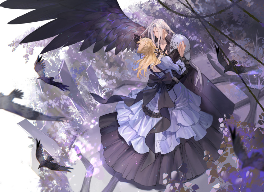 2boys animal armor back_bow ballroom_dancing bird black_bow black_coat black_gloves black_ribbon black_trim black_wings blonde_hair blue_dress bow bracer bush chest_harness cloud_strife coat collar crow dancing dress final_fantasy final_fantasy_vii foliage forest frilled_collar frilled_dress frilled_sleeves frills gloves grey_hair hand_on_another's_shoulder hand_on_another's_waist harness highres holding_hands leaf long_bangs long_coat long_dress long_hair male_focus messy_hair multiple_boys nature open_clothes open_coat pauldrons plant purple_background ribbon scenery sephiroth shoulder_armor single_wing thorns tree tree_shade vines wings xianyu314