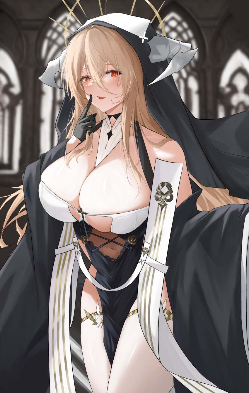 1girl absurdres azur_lane bare_shoulders between_breasts black_gloves blonde_hair breast_cutout breasts cathedral cowboy_shot fake_horns gloves hair_between_eyes half_gloves halo highres horns huge_breasts implacable_(azur_lane) long_hair long_sleeves looking_at_viewer mechanical_halo neckerchief nun pelvic_curtain red_eyes revealing_clothes slqnsdl solo strap_between_breasts thighhighs very_long_hair white_horns white_neckerchief white_thighhighs wide_sleeves