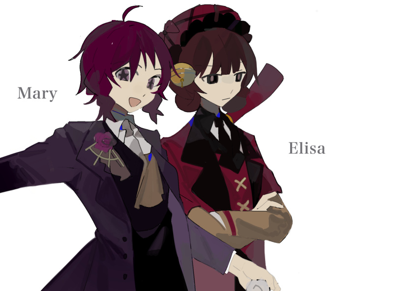 2girls ahoge bell black_collar black_necktie black_vest bow braid brown_eyes brown_hair brown_neckerchief brown_sleeves buttons character_name chinese_commentary closed_mouth coat collar collared_coat collared_shirt commentary_request cross-laced_jacket crossed_arms double_bun e.g.o_(project_moon) employee_(lobotomy_corporation) english_text flower flower_brooch frilled_hat frills frown hair_bun hat hat_bow highres jacket jingle_bell layered_sleeves lobotomy_corporation long_sleeves looking_ahead looking_at_viewer multiple_girls neckerchief necktie open_clothes open_coat open_mouth outstretched_arm pink_bow pink_coat pink_headwear pink_jacket plaid_headwear project_moon purple_coat purple_eyes purple_hair rose shirt short_hair short_over_long_sleeves short_sleeves smile star_(symbol) star_in_eye symbol_in_eye twin_braids upper_body vest white_background white_necktie white_shirt youshiyu