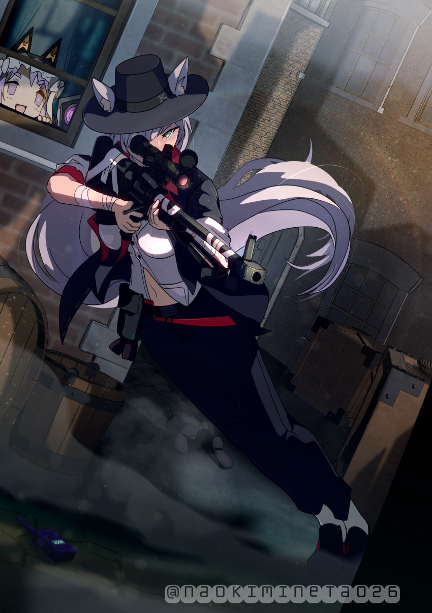 2girls :d aiming animal_ears aqua_eyes bandaged_arm bandages barrel black_headwear black_jacket building commentary_request commission cosplay counter-strike_(series) dinergate_(girls'_frontline) fake_animal_ears fedora girls'_frontline hat highres holding holding_weapon jacket ksvk_(darkside_moonwalk)_(girls'_frontline) ksvk_(girls'_frontline) ksvk_12.7 leaning_forward long_hair looking_outside michael_jackson michael_jackson_(cosplay) mineta_naoki multiple_girls navel p7_(girls'_frontline) peeking_out purple_eyes purple_hair skeb_commission smile smooth_criminal socks twitter_username very_long_hair walkie-talkie weapon white_hair white_socks wooden_box