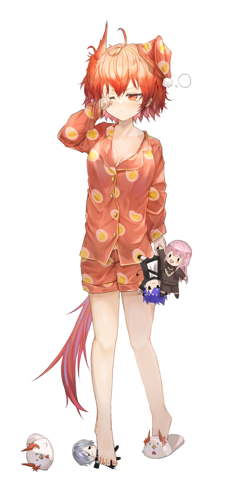 1girl absurdres aged_down ahoge andoain_(arknights) animal_ears arknights barefoot bird_ears bird_tail breasts character_doll fiammetta_(arknights) full_body highres holding holding_stuffed_toy lemuen_(arknights) long_sleeves messy_hair mostima_(arknights) orange_pajamas pajamas putcho red_eyes red_hair rubbing_eyes short_hair simple_background slippers small_breasts solo standing stuffed_toy tail white_background