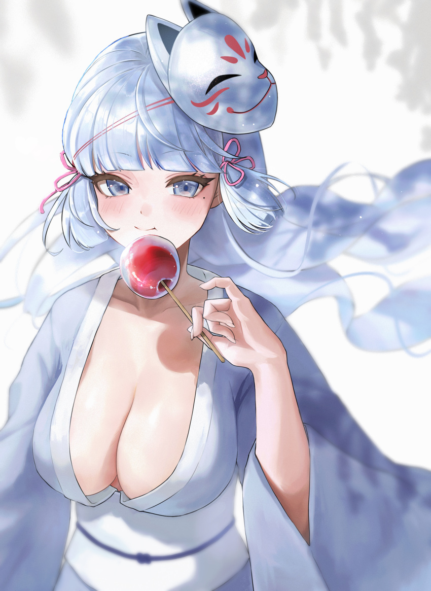 1girl absurdres blue_eyes blue_hair blue_kimono blunt_bangs blush breasts candy_apple cleavage closed_mouth collarbone commentary food fox_mask genshin_impact hair_ornament hand_up highres holding holding_food japanese_clothes kamisato_ayaka kimono large_breasts long_hair long_sleeves looking_at_viewer mask mask_on_head mole mole_under_eye obi sash sheng_zhidou solo tassel tassel_hair_ornament upper_body wide_sleeves