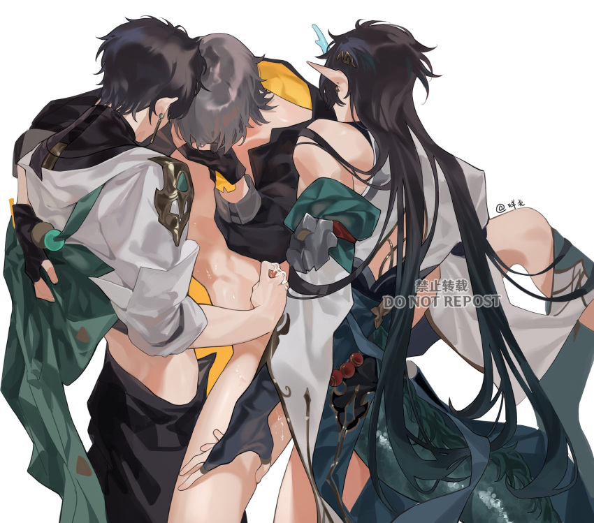 3boys after_ejaculation artist_name bare_shoulders black_gloves black_hair black_jacket black_pants black_sleeves bottomless caelus_(honkai:_star_rail) chinese_clothes cum cum_on_fingers dan_heng_(honkai:_star_rail) dan_heng_(imbibitor_lunae)_(honkai:_star_rail) demon_horns detached_sleeves dual_persona earrings fingerless_gloves gloves grey_hair group_sex hand_on_another's_thigh hand_on_own_face highres honkai:_star_rail honkai_(series) horns implied_sex jacket jewelry long_hair miemiebei multiple_boys open_clothes open_jacket pants pointy_ears short_hair simple_background spoilers spread_legs threesome trailblazer_(honkai:_star_rail) upper_body white_background white_sleeves yaoi