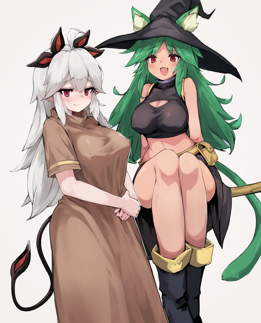 2girls absurdres ahoge animal_ear_fluff animal_ears belt black_footwear black_shirt black_skirt blush boots bowchan breasts broom broom_riding brown_belt brown_dress cat_ears cat_girl cat_tail cleavage cleavage_cutout closed_mouth clothing_cutout commentary_request crop_top demon_girl demon_tail dress fang feet_out_of_frame full_body hat highres irys_(succubus_affection) large_breasts leannya long_dress looking_at_viewer medium_bangs multiple_girls open_mouth pouch red_eyes shirt short_sleeves simple_background skirt sleeveless sleeveless_shirt smile succubus_affection tail white_background white_hair witch_hat