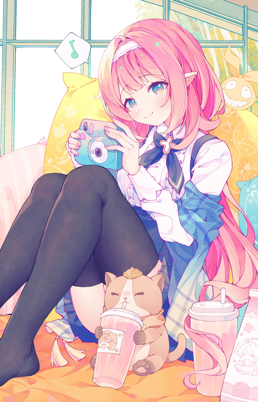 1girl absurdres animal black_thighhighs blue_eyes blue_skirt blush camera can_(honkai_impact) cat chinese_commentary closed_mouth collared_shirt commentary_request cup disposable_cup drinking_straw eighth_note elf elysia_(coco)_(honkai_impact) elysia_(honkai_impact) frills hairband highres holding holding_camera holding_cup homu_(honkai_impact) honkai_(series) honkai_impact_3rd indoors kevin_kaslana knees_up long_hair long_sleeves looking_at_viewer musical_note nail_polish no_shoes pardofelis_(honkai_impact) pillow pink_hair plaid pointy_ears shirt sitting skirt smile solo spoken_musical_note suspenders thighhighs very_long_hair white_hairband white_shirt window xianyuzi