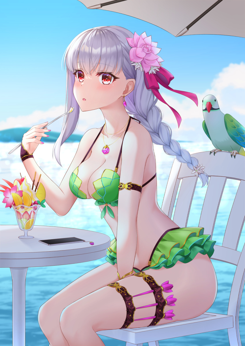 1girl armlet bare_shoulders beach_umbrella bikini bird blue_sky blush bracelet braid braided_ponytail breasts cellphone chair cleavage collarbone cup earrings fate/grand_order fate_(series) flower frills green_bikini hair_flower hair_ornament hair_ribbon highres huangyouxingren jewelry kama_(fate) kama_(swimsuit_avenger)_(fate) kama_(swimsuit_avenger)_(second_ascension)_(fate) large_breasts long_hair looking_at_viewer lotus navel necklace ocean parakeet parfait pendant phone red_eyes ribbon sitting sky spoon swimsuit table thighs umbrella white_hair