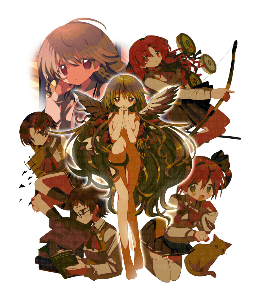 5girls :3 absurdres angel_wings archery ascot blush book bow bow_(weapon) bowtie braid breasts brown_eyes brown_hair cat completely_nude convenient_censoring cropped_torso double_exposure fang floating floating_object full_body green_eyes green_hair hand_on_own_knee highres holding holding_book holding_bow_(weapon) holding_weapon knees_up ladder leaf_wings light_brown_hair long_hair looking_at_viewer medium_breasts meguro_miyuki mismatched_wings multiple_girls multiple_views nude open_mouth outline own_hands_clasped own_hands_together paw_pose plant_wings praying reading red_ascot red_bow red_bowtie red_eyes red_hair sayonara_wo_oshiete school_uniform short_hair side_braids smile sugamo_mutsuki sunset takada_nozomi tamachi_mahiru tareme target ueno_koyori underbust usagi_nui very_long_hair wavy_hair weapon white_background white_outline window wings