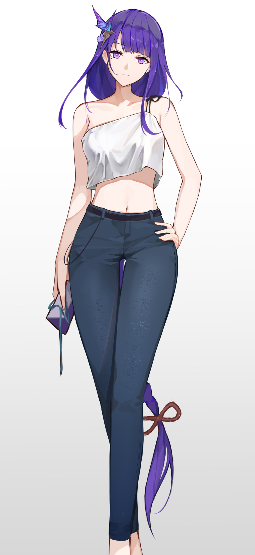1girl absurdres alternate_costume bare_arms bare_shoulders blue_pants commentary_request crop_top crop_top_overhang denim feet_out_of_frame genshin_impact gradient_background grey_background hair_ornament head_tilt highres jeans k/a long_hair looking_at_viewer midriff navel pants purple_eyes purple_hair raiden_shogun shirt single-shoulder_shirt single_strap solo spaghetti_strap standing stomach thighs very_long_hair