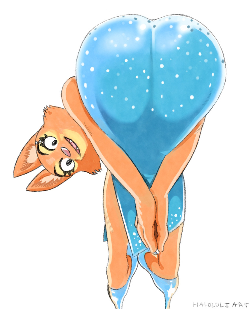 2023 anthro artist_name bent_over bent_over_with_legs_held_straight big_butt butt canid canine cheek_tuft clothed clothing diane_foxington dreamworks dress eyebrow_piercing eyebrows eyelashes facial_piercing facial_tuft fangs female footwear fox fully_clothed fur haloluli hi_res high_heels looking_at_viewer mammal open_mouth open_smile orange_body orange_fur piercing pink_nose praise_da_booty_(meme) shoes simple_background smile solo teeth the_bad_guys tuft white_background wide_eyed