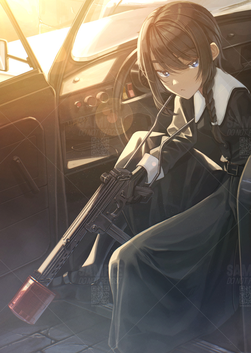 1girl absurdres black_hair blue_eyes braid car car_interior dreadtie french_braid gun highres holding holding_gun holding_weapon long_hair long_skirt motor_vehicle original skirt solo submachine_gun sunlight suppressor trigger_discipline watermark weapon