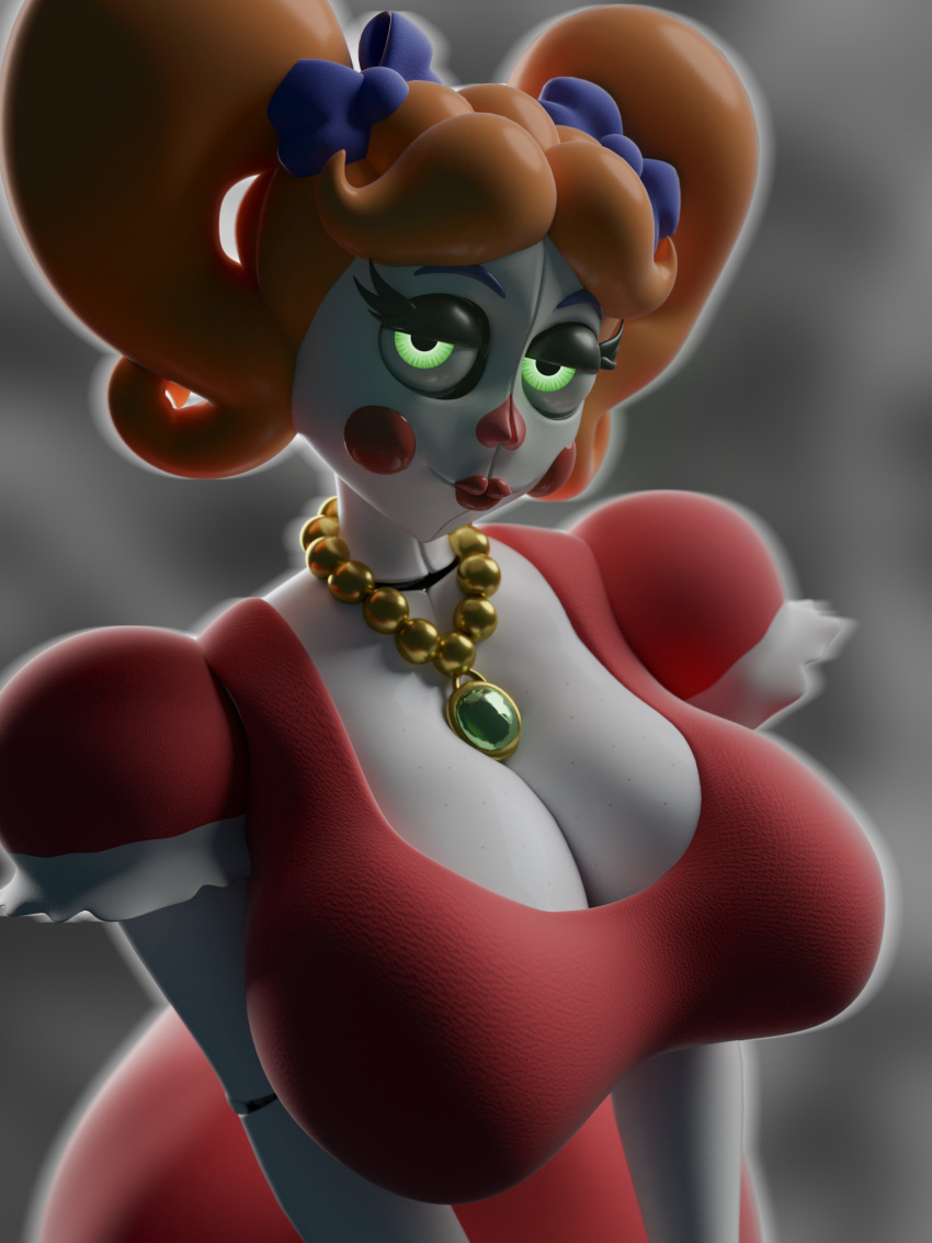 2021 3d_(artwork) absurd_res animatronic bedroom_eyes big_breasts black_pupils blue_ribbon breasts circus_baby_(fnaf) clothing digital_media_(artwork) dress eyelashes female five_nights_at_freddy's green_eyes hair half-closed_eyes half-length_portrait hi_res humanoid jewelry lipstick looking_at_viewer machine makeup narrowed_eyes necklace orange_hair pigtails portrait pupils rckke red_clothing red_dress ribbons robot robot_humanoid scottgames seductive sister_location solo white_body