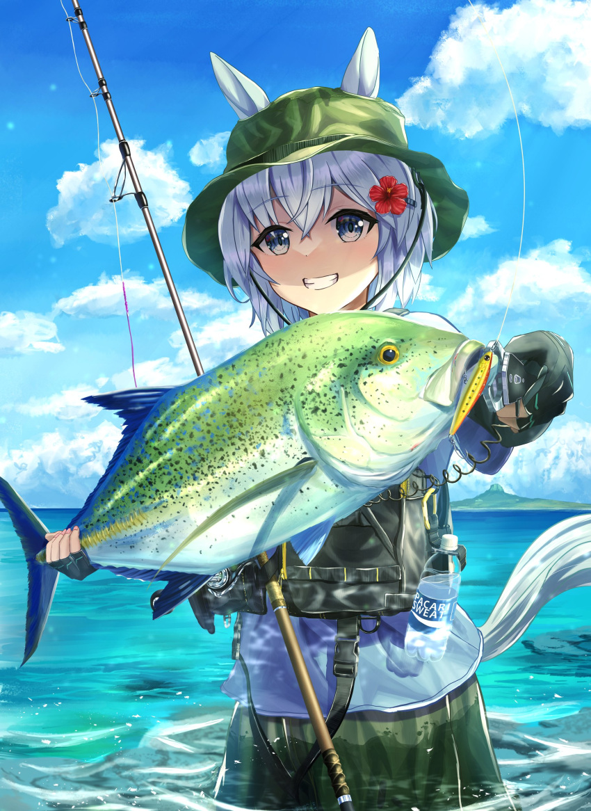 1girl absurdres animal animal_ears animal_focus bottle cloud commentary_request ears_through_headwear fingerless_gloves fish fishing_gear fishing_lure fishing_rod flower fusou_(fuso0205) gloves grey_eyes grey_hair grin hair_between_eyes hair_flower hair_ornament hat hibiscus highres holding holding_animal holding_fish horse_ears horse_girl horse_tail in_water island jack_(fish) looking_at_viewer medium_hair ocean parody pocari_sweat seiun_sky_(umamusume) shaded_face shirt smile solo tail umamusume water_bottle weighing_scale wet wet_clothes