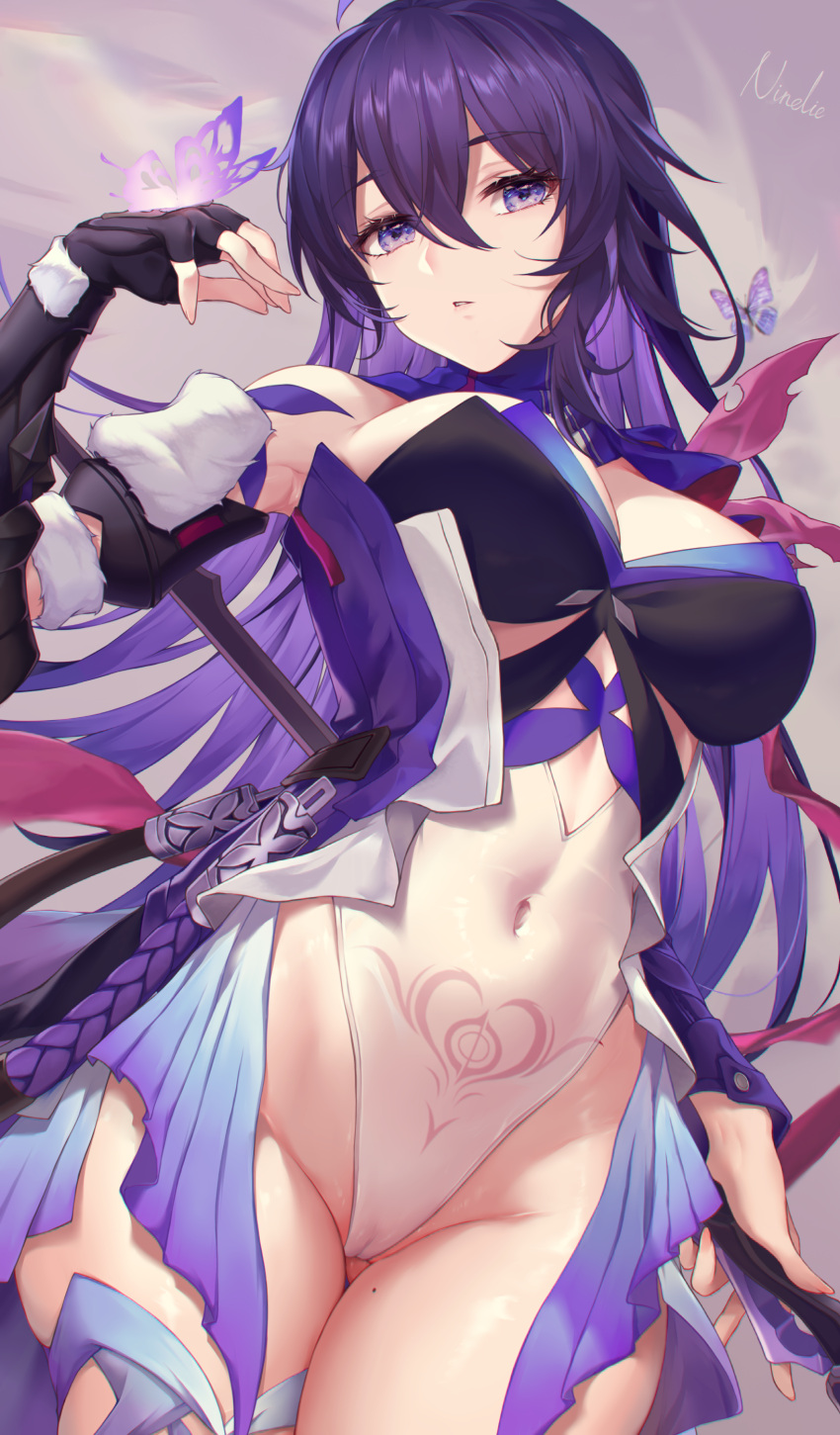 1girl absurdres ahoge armpits bare_shoulders blue_scarf blush bodysuit breasts bug butterfly cameltoe colored_inner_hair covered_navel cowboy_shot groin highleg highleg_leotard highres holding holding_scythe holding_weapon honkai:_star_rail honkai_(series) large_breasts leotard looking_at_viewer multicolored_hair ninelie purple_butterfly purple_eyes purple_hair purple_scarf scarf scythe see-through seele_(honkai:_star_rail) skin_tight solo stomach_tattoo tattoo thighs weapon