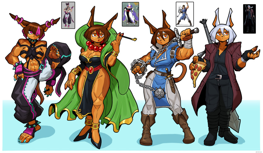 2023 5_toes abs absurd_res accessory anthro boots breasts brown_body brown_fur brown_hair canid canine canis capcom castlevania ceehaz cleavage clothed clothing cosplay dante_(dmc) devil_may_cry dobermann dog_knight_rpg domestic_dog dress feet female flail food footwear fur gem hair hair_over_eye headband hi_res high_heels humanoid_feet jacket jewelry juri_han keiko_tachibana konami mammal melee_weapon muscular muscular_anthro muscular_female necklace one_eye_obstructed pawpads pearl_(gem) pearl_necklace pinscher pizza plantigrade richter_belmont rory_(ceehaz) smoking_pipe solo stirrup_footwear street_fighter sword toes topwear weapon white_hair