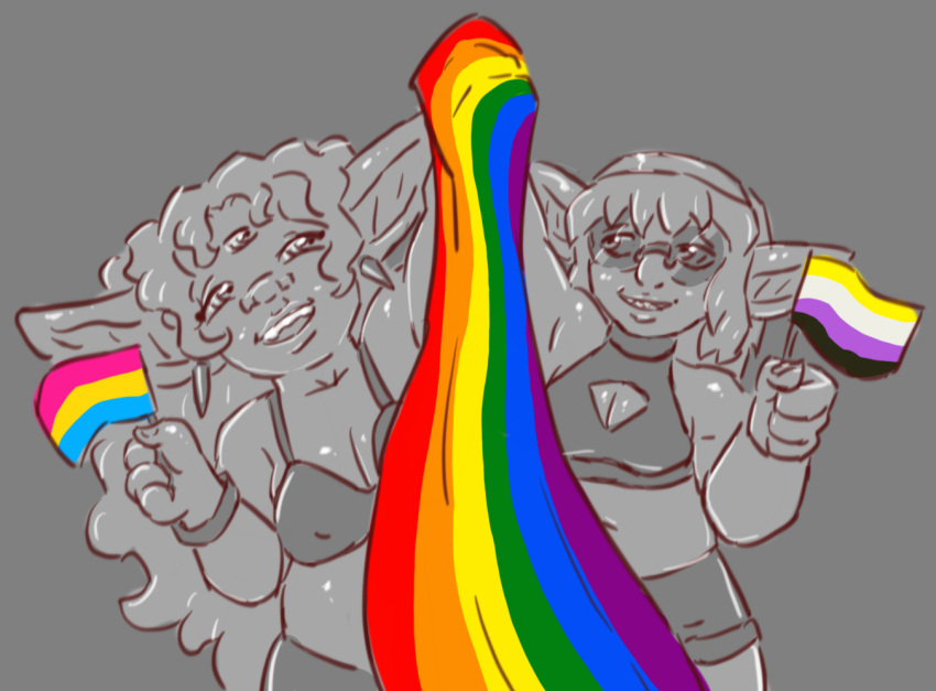 ash(gone_goblin) ashley(gone_goblin) big_ears breasts cleavage cleavage_cutout clothed clothing curled_hair duo eyewear glasses goblin gone gone_ashley gone_goblin gone_gwendolyn gonegoblin gwen(gone_goblin) gwendolyn(gone_goblin) hair humanoid lgbt_character lgbt_pride nonbinary_pride_colors not_furry pansexual pansexual_pride_colors pride_colors rainbow_flag rainbow_pride_flag rainbow_symbol short_stack