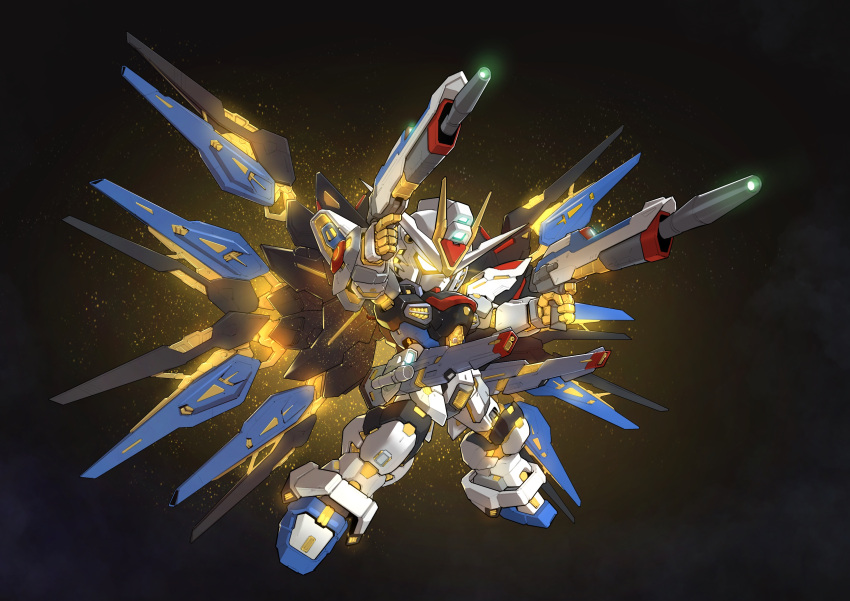 absurdres aiming black_background chibi dual_wielding finger_on_trigger glowing glowing_eye gun gundam gundam_seed gundam_seed_destiny highres holding holding_gun holding_weapon legs_apart looking_ahead making-of_available mecha mechanical_wings mobile_suit no_humans robot science_fiction sd_gundam solo strike_freedom_gundam v-fin weapon wings yellow_eyes zakuma