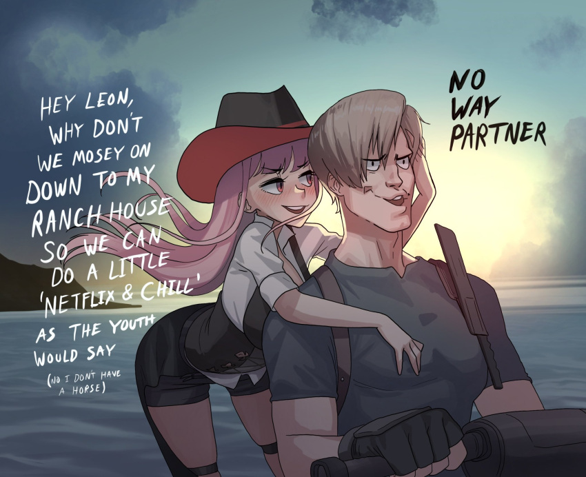1boy 1girl blunt_bangs blush breasts breasts_on_back brown_hair crossover curtained_hair english_text euphemism flirting hat hetero highres hololive hololive_english jet_ski large_breasts leon_s._kennedy long_hair meme mori_calliope naughty_face no_way_fag_(meme) official_alternate_costume open_mouth pink_hair red_eyes rejection resident_evil resident_evil_4 resident_evil_4_(remake) seductive_smile short_hair smile straight_hair text_focus virtual_youtuber zedd_(zedgawr)