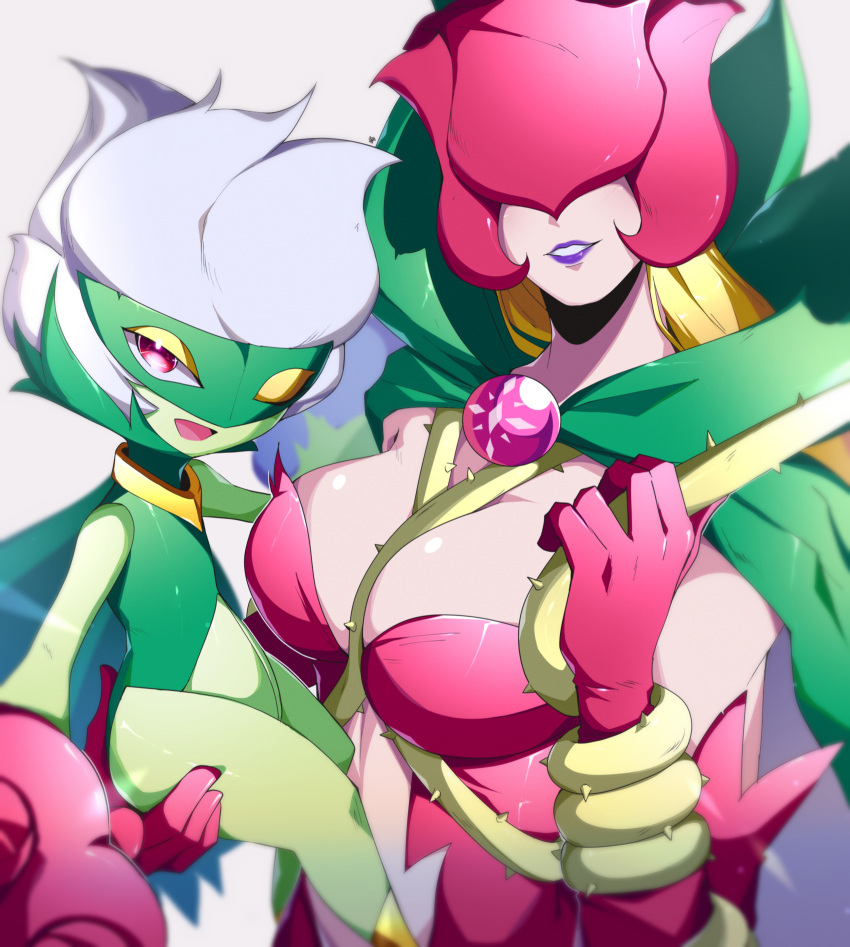 2girls breasts cape cleavage covered_eyes crossover digimon digimon_(creature) flower highres holding holding_pokemon large_breasts looking_at_viewer lury.sgh mask monster_girl multiple_girls petals plant_girl pokemon pokemon_(creature) purple_lips rosemon roserade upper_body