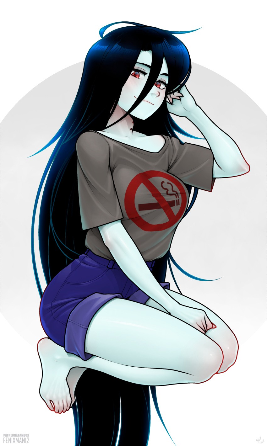 absurdres adventure_time barefoot bite_mark black_hair blue_shorts breasts casual colored_skin fenixman12 floating full_body grey_skin hair_between_eyes highres legs_together legs_up light_smile long_hair looking_at_viewer marceline_abadeer medium_breasts print_shirt red_eyes shirt shorts toes vampire very_long_hair