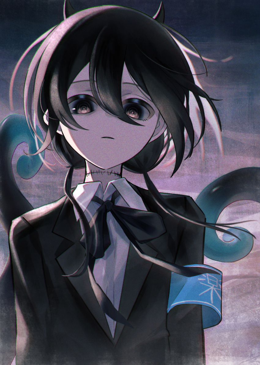 1girl abstract_background absurdres armband arms_at_sides black_eyes black_hair black_jacket black_ribbon blazer blue_armband collared_shirt commentary_request film_grain floating_hair frown hair_over_shoulder happa_de_happy highres horns indie_virtual_youtuber jacket long_sleeves looking_down low_twintails neck_ribbon parted_lips ribbon shirt sidelighting solo stitched_neck stitches tentacles twintails upper_body virtual_youtuber white_shirt yamata_ia