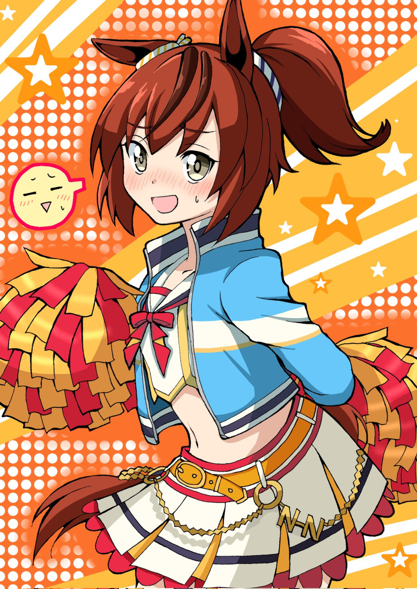 1girl :d animal_ears blue_jacket blush brown_eyes brown_hair cheerleader commentary_request crop_top emapippi highres horse_ears horse_girl horse_tail jacket long_sleeves looking_at_viewer midriff navel nice_nature_(run&amp;win)_(umamusume) nice_nature_(umamusume) nose_blush open_clothes open_jacket pleated_skirt polka_dot polka_dot_background pom_pom_(cheerleading) ponytail roar_yell!_tracen_academy_cheerleading_squad_(umamusume) shirt skirt smile solo spoken_expression starry_background sweat tail umamusume white_shirt white_skirt