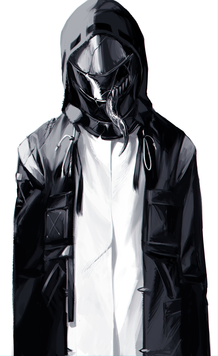 1other absurdres arknights coat cracked_mask doctor_(arknights) facing_viewer greyscale highres hood hood_up hooded_coat long_sleeves long_tongue mask monochrome open_clothes open_coat oxy_(ho2) sharp_teeth simple_background teeth tongue white_background