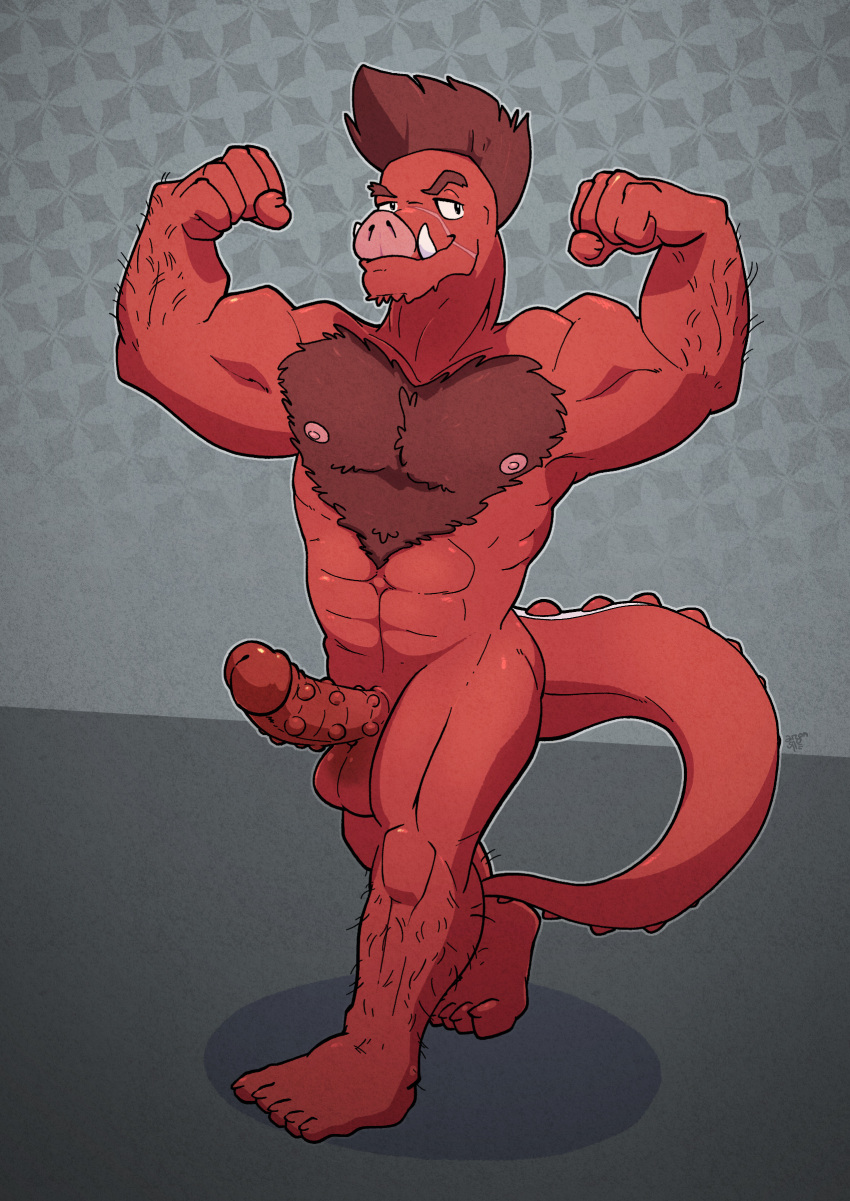 absurd_res alligator alligatorid anthro argon_vile arm_hair ball_tuft body_hair chest_hair crocodilian flexing flexing_bicep flexing_both_biceps genitals hi_res hybrid kurz leg_hair male mammal mohawk muscular muscular_anthro muscular_arms muscular_male nipples nude penis pubes reptile scalie solo solo_focus suid suina sus_(pig) tuft tusks wild_boar