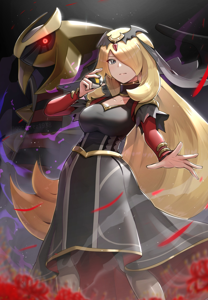 1girl absurdres black_dress blonde_hair breasts closed_mouth commentary_request cynthia_(pokemon) cynthia_(sygna_suit)_(renegade)_(pokemon) dress giratina gold_trim gonzarez grey_eyes hair_over_one_eye hand_up highres holding holding_poke_ball jewelry long_hair long_sleeves looking_at_viewer medium_breasts neck_ring official_alternate_costume open_hand poke_ball pokemon pokemon_(creature) pokemon_(game) pokemon_masters_ex revision tiara ultra_ball veil very_long_hair
