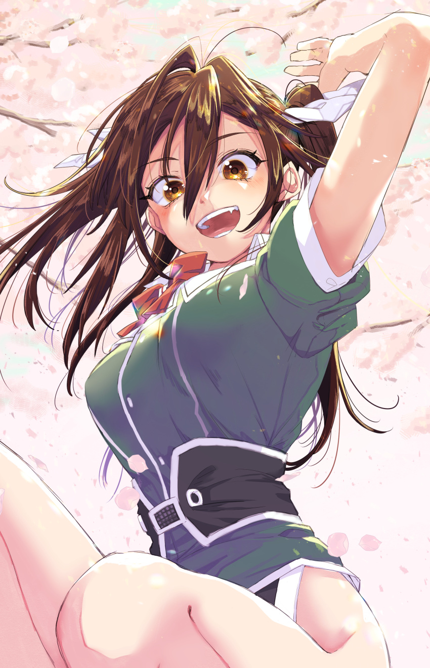 1girl absurdres blush bow bowtie breasts brown_eyes brown_hair cherry_blossoms hair_between_eyes hair_ribbon highres kantai_collection long_hair looking_at_viewer medium_breasts open_mouth petals red_bow red_bowtie ribbon shirt short_sleeves smile solo tone_(kancolle) tone_kai_ni_(kancolle) twintails upper_body white_ribbon yami_(m31)