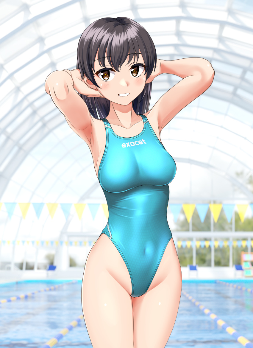1girl absurdres aqua_one-piece_swimsuit armpits arms_behind_head black_hair breasts brown_eyes clothes_writing collarbone commentary_request competition_swimsuit covered_navel cowboy_shot highleg highleg_swimsuit highres indoors mature_female medium_breasts one-piece_swimsuit original parted_lips pool presenting_armpit short_hair smile solo swimsuit takafumi