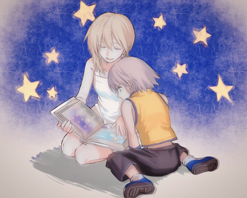 1boy 1girl aged_down black_pants blonde_hair blue_background blue_eyes book child closed_eyes dress grey_hair highres holding holding_book kingdom_hearts kingdom_hearts_chain_of_memories kneeling leaning_forward medium_hair namine nishinsobha pants picture_book reading riku_(kingdom_hearts) shirt shoes short_hair sitting sky sleeveless sleeveless_dress sleeveless_shirt smile star_(sky) star_(symbol) starry_sky white_dress wristband yellow_shirt