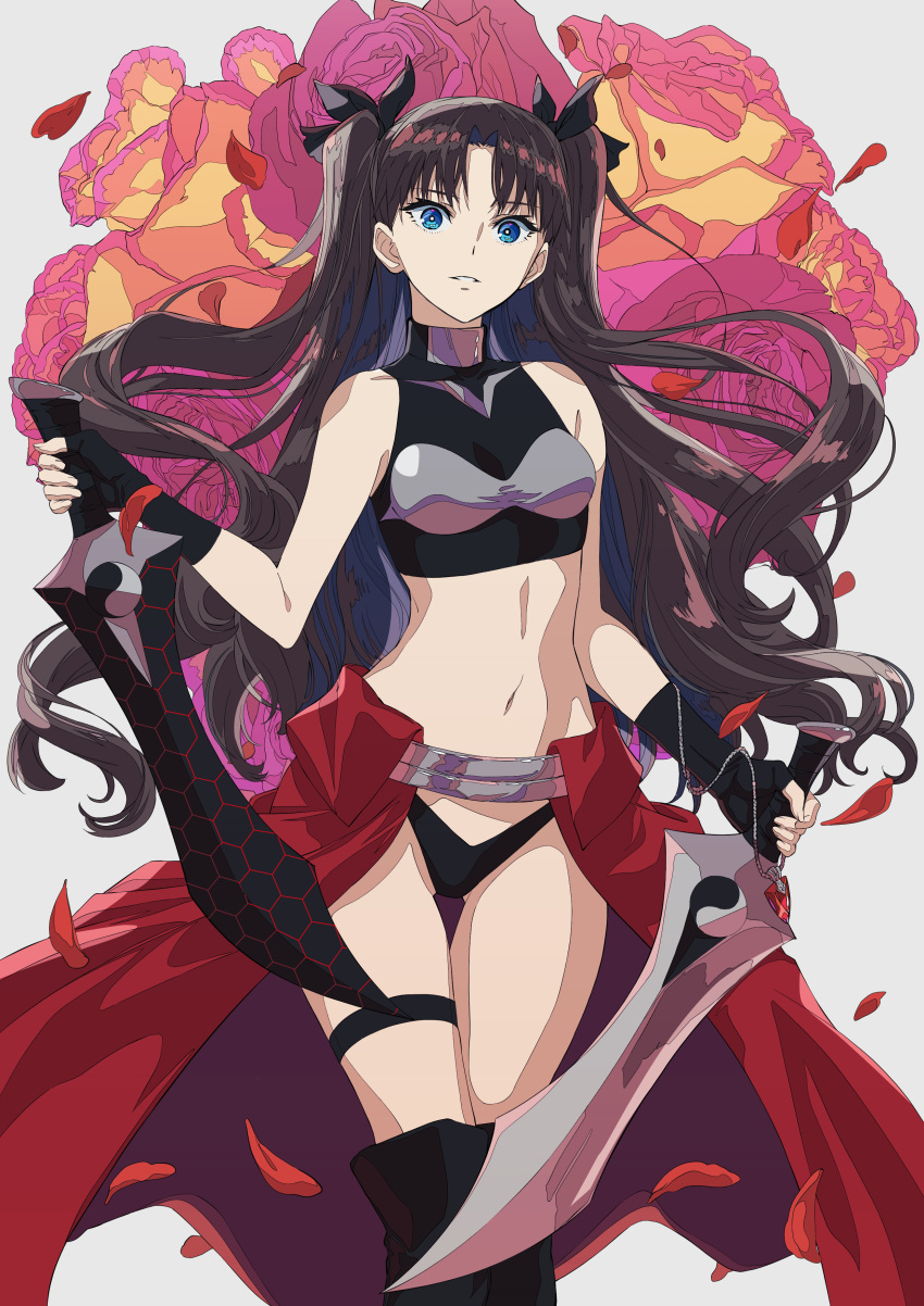 1girl absurdres archer_(fate) archer_(fate)_(cosplay) black_bow black_gloves black_panties blue_eyes bow breasts brown_hair cosplay crop_top dual_wielding falling_petals fate_(series) fingerless_gloves floral_background flower gloves hair_bow highres holding holding_sword holding_weapon kanshou_&amp;_bakuya_(fate) long_skirt navel panties parted_lips petals red_flower red_rose red_skirt rose rose_background skirt small_breasts solo stomach sword thigh_strap tohsaka_rin two_side_up underwear weapon xtango