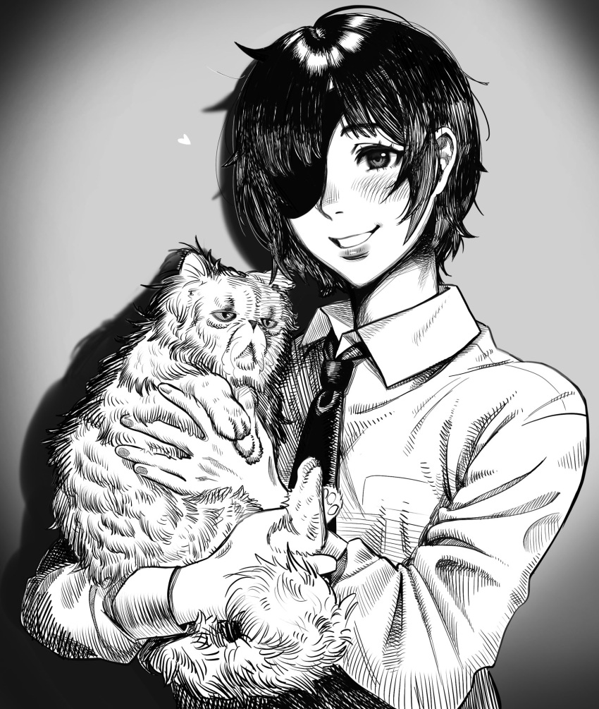 1girl aa2mee animal black_hair black_necktie cat chainsaw_man eyepatch formal hatching_(texture) heart highres himeno_(chainsaw_man) holding holding_animal holding_cat monochrome necktie shirt short_hair simple_background smile suit vignetting white_shirt